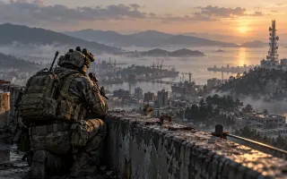 A lone operator watching a coastal city and communications tower from rooftop cover.