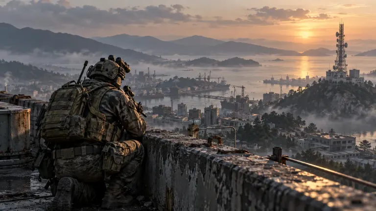 A lone operator watching a coastal city and communications tower from rooftop cover.