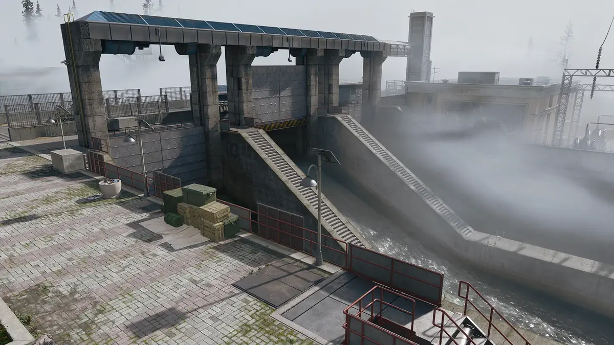 Revolution Dam spillways and nearby buildings.