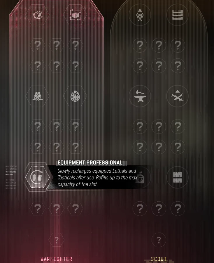 Recorded Warfighter and Scout Trait branches, with Possum at the top left and the final Scout choices beside it.