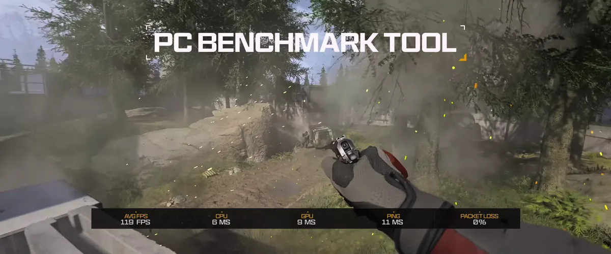Modern Warfare 4 PC benchmark tool showing FPS, CPU and GPU readings.