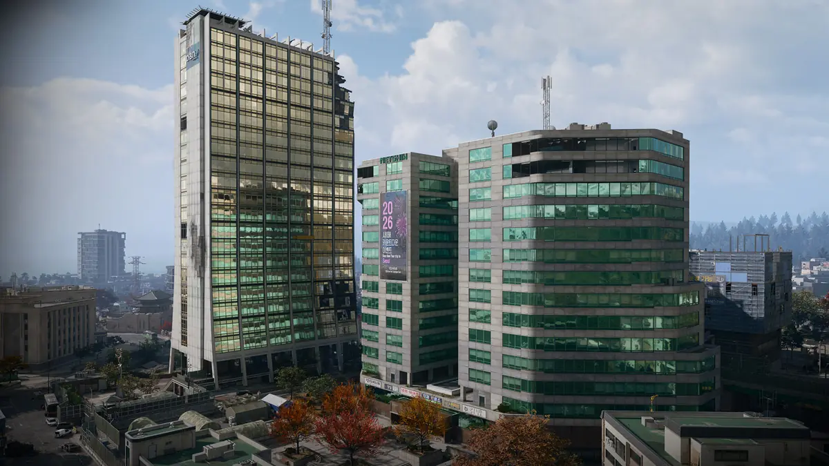 The Grid high-rises and fortified streets in central Hajin.