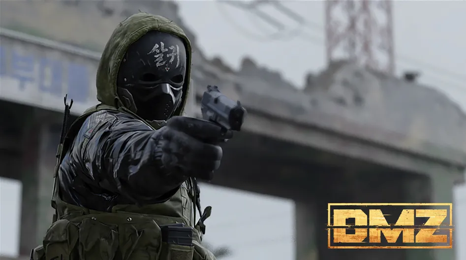 Masked MW4 DMZ operator aiming a pistol