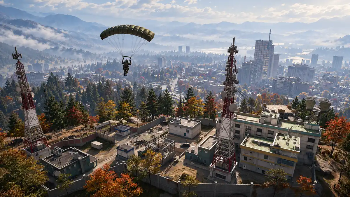An operator parachuting above Hajin and the Cheonwang communications towers.