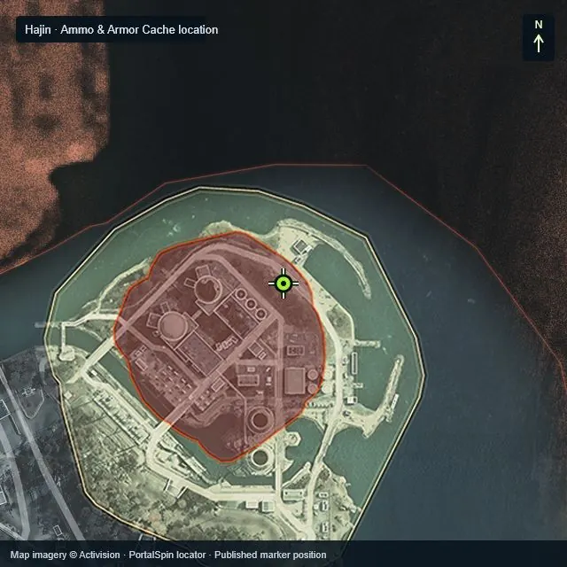 Zoomed Hajin map marking Ammo & Armor Cache northeast of Haneul Nuclear Reactor at X 2948, Y 1849