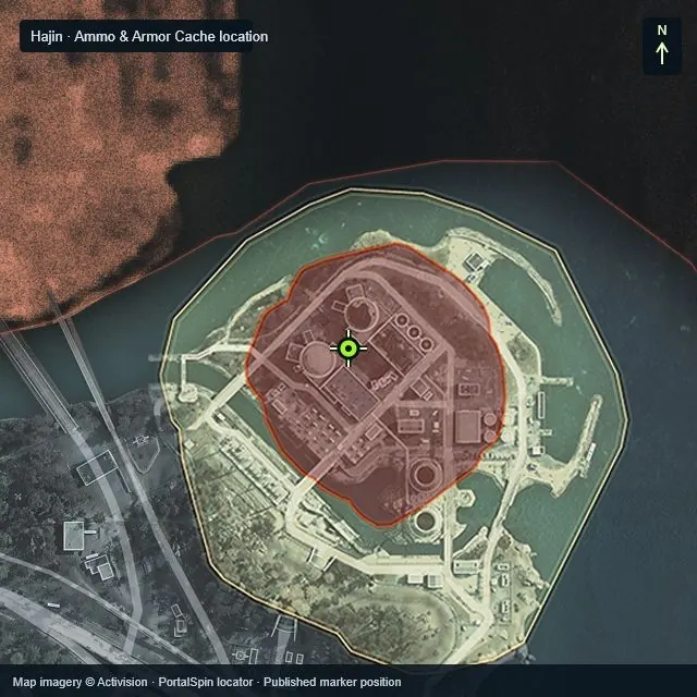 Zoomed Hajin map marking Ammo & Armor Cache northwest of Haneul Nuclear Reactor at X 2851, Y 1887