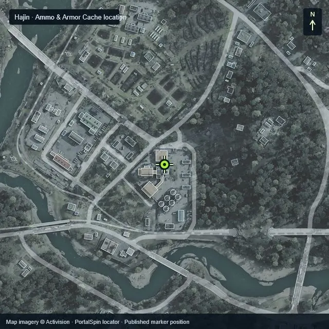 Zoomed Hajin map marking Ammo & Armor Cache southeast of Imjin Farmland at X 1707, Y 2923