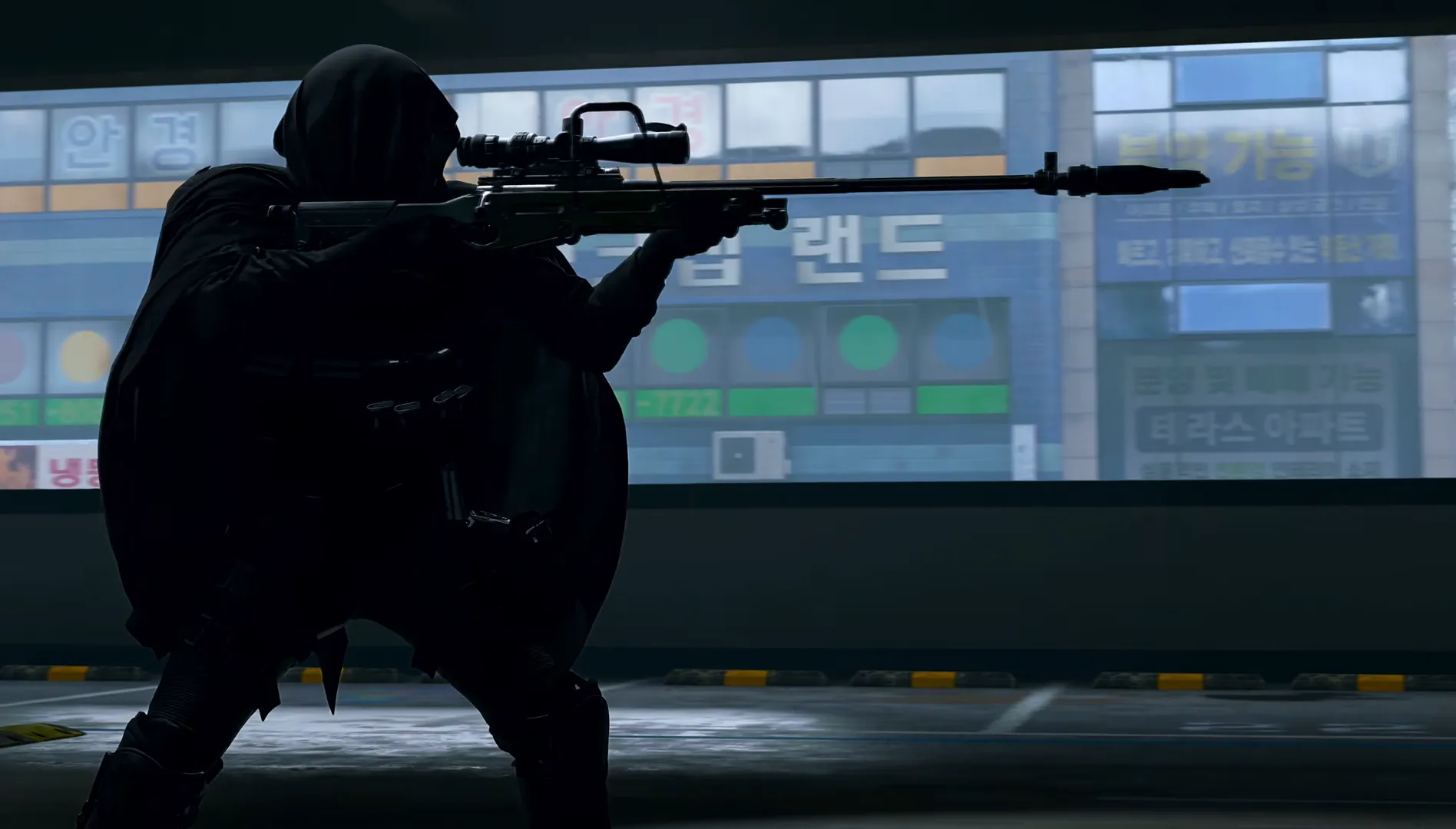 Hooded sniper aiming a scoped rifle in MW4 DMZ