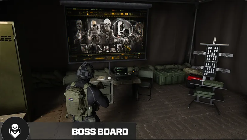 MW4 DMZ Boss Board station with Lieutenant portraits and an intel terminal