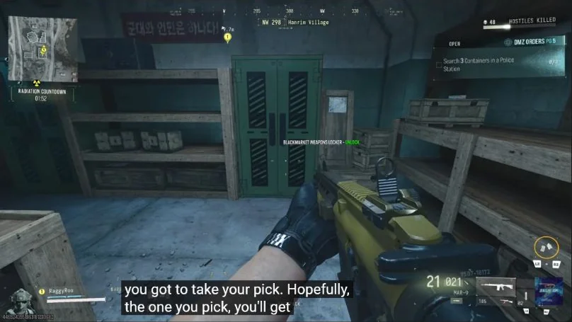 Green Blackmarket Weapons Locker cabinet with its unlock prompt and Hanrim Village HUD.