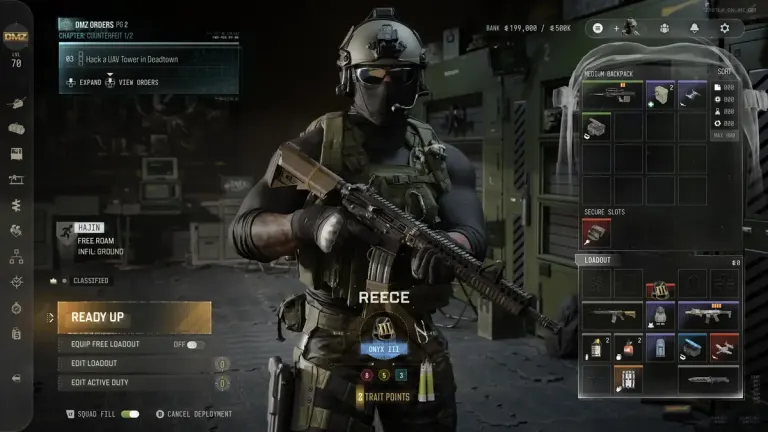 MW4 DMZ screen with Squad Fill and loadout controls