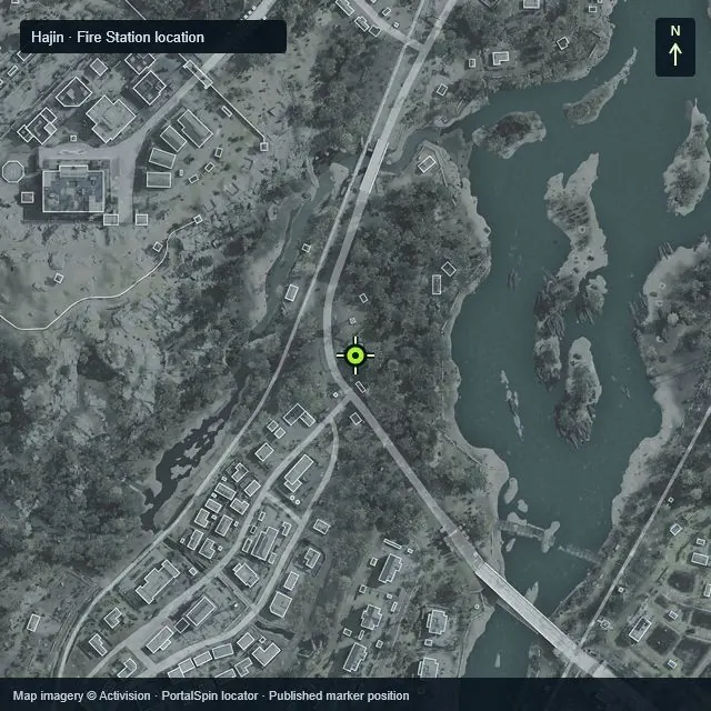 Zoomed Hajin map marking Fire Station north of Deadtown at X 1295, Y 2466