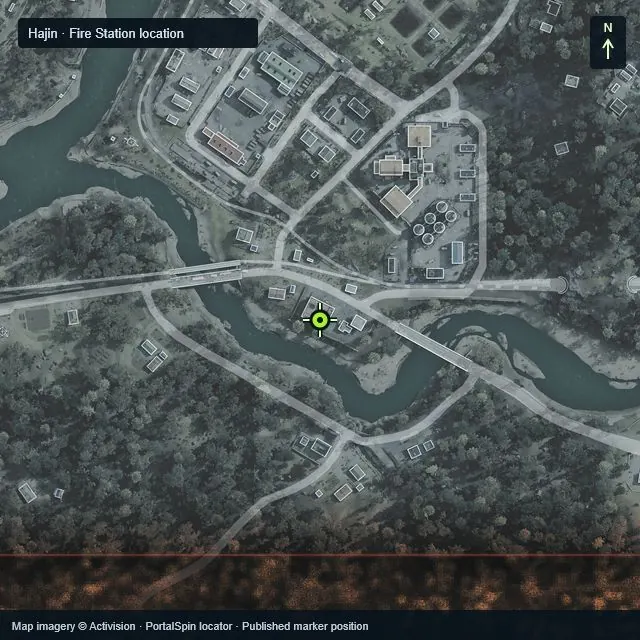 Zoomed Hajin map marking Fire Station northwest of Namjin Riverside at X 1602, Y 3090