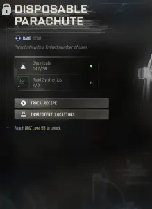 Disposable Parachute recipe: 30 Chemicals and 3 Rigid Synthetics; DMZ level 55.
