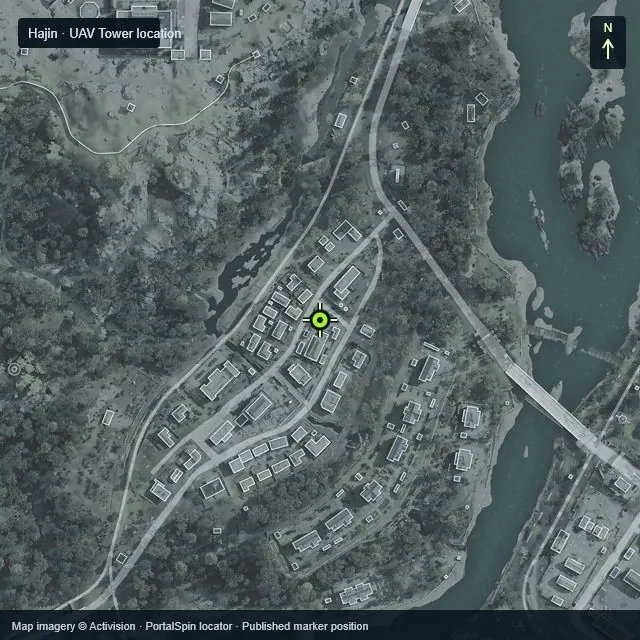 Zoomed Hajin map marking UAV Tower north of Deadtown at X 1217, Y 2609