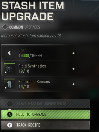 Stash Item Upgrade description costs controls