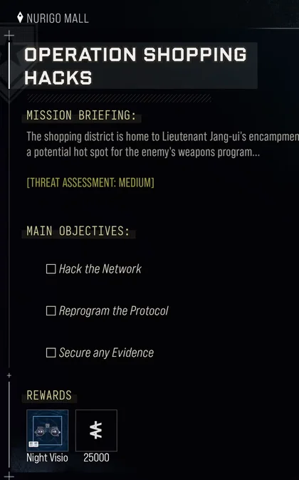 Shopping Hacks briefing naming Lieutenant Jang-ui in MW4 DMZ