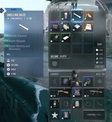 Smelling Salts selected in Medium Backpack with separate Secure Slots and Loadout in MW4 DMZ