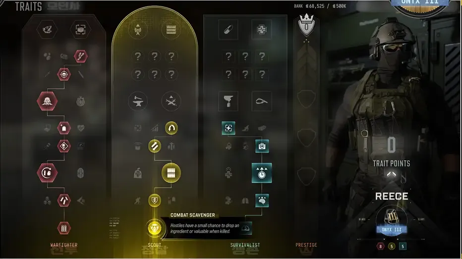 Warfighter, Scout and Survivalist Trait trees with the separate Prestige column