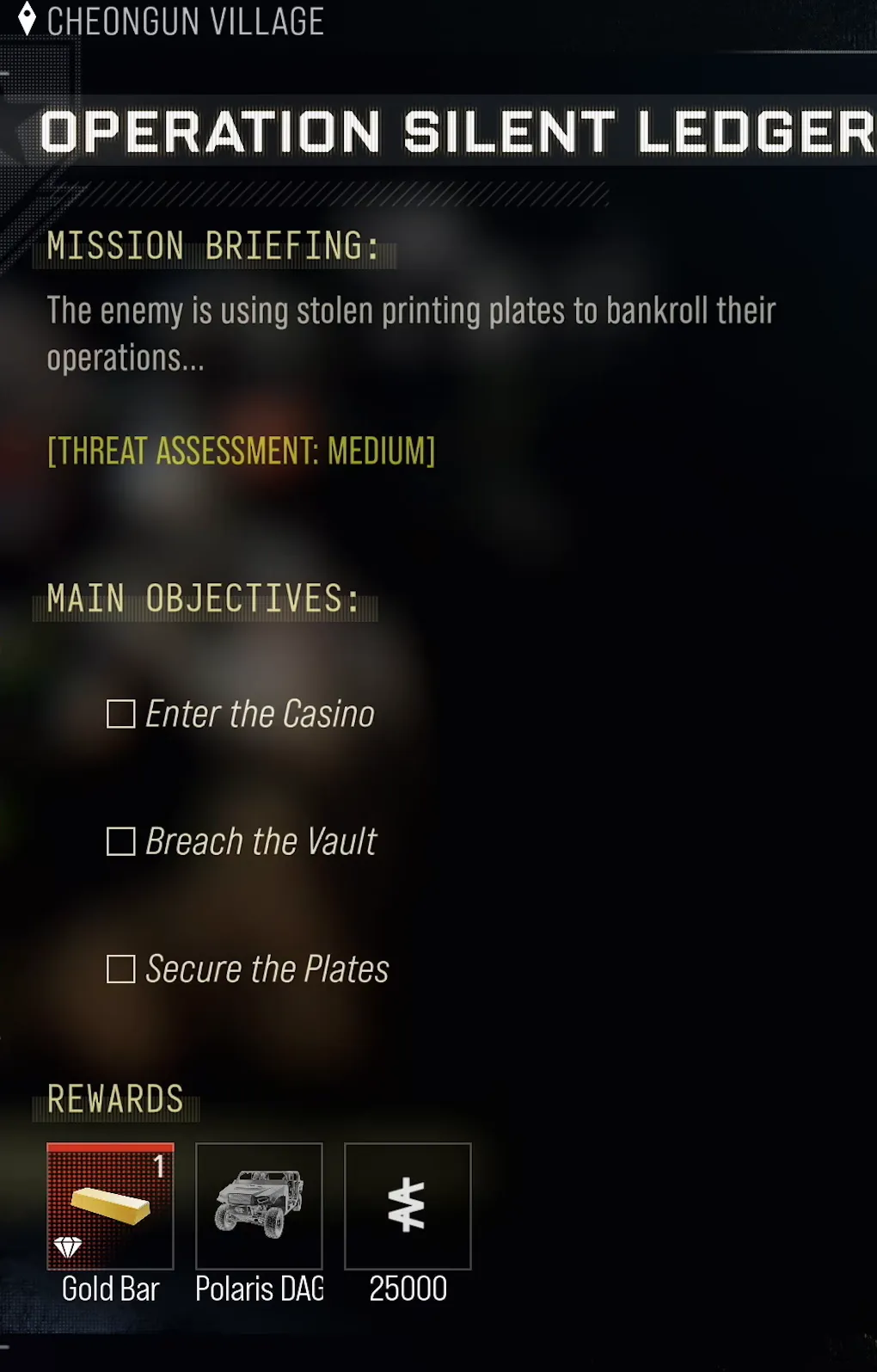 Operation Silent Ledger Mission Briefing, Threat Assessment, Main Objectives and Rewards in MW4 DMZ