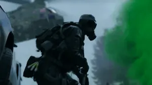 MW4 DMZ operator wearing a gas mask beside green smoke