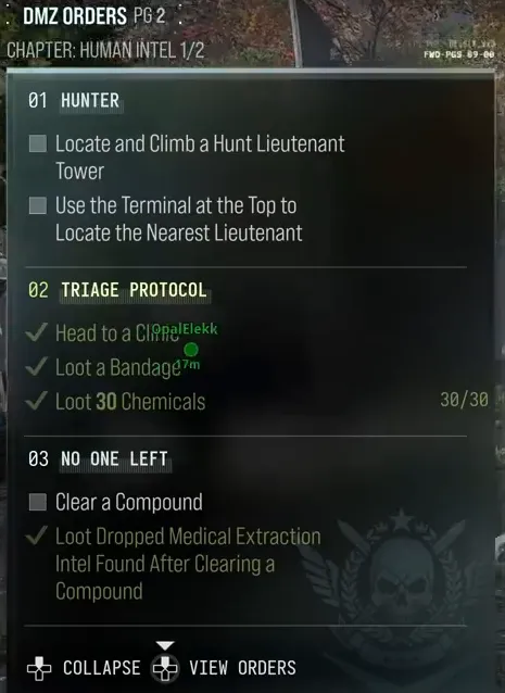 Human intel order objectives in MW4 DMZ