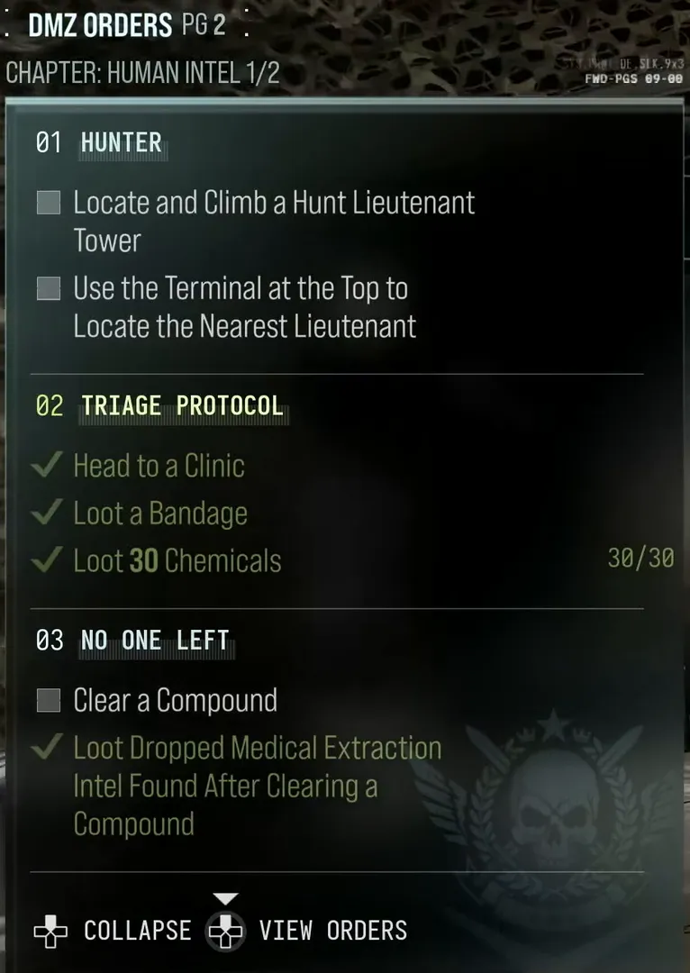 Call of Duty MW4 DMZ Human Intel chapter with Hunter, Triage Protocol and No One Left objectives in MW4 DMZ