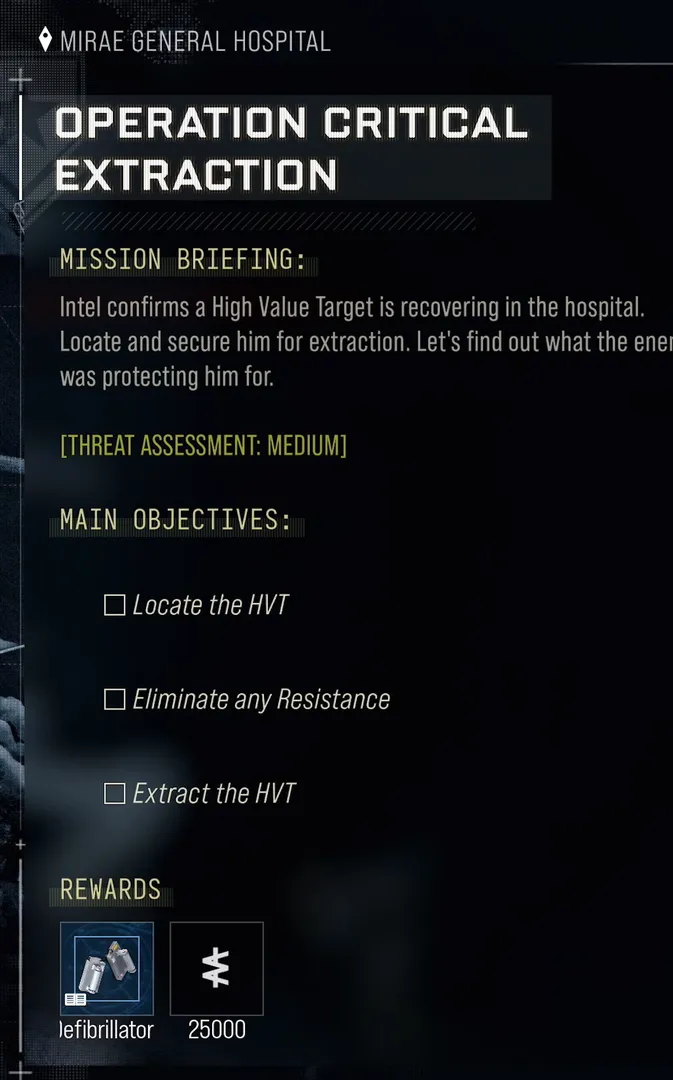 Operation Critical Extraction briefing objectives and rewards in MW4 DMZ