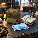 Bandage, Medkit and Self-Revive supplies on a military medical workbench; PortalSpin illustration.