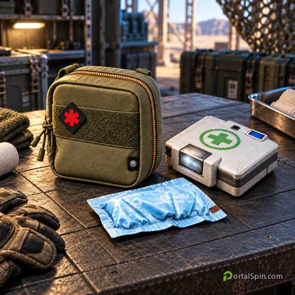 Bandage, Medkit and Self-Revive supplies on a military medical workbench; PortalSpin illustration.