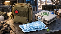 Bandage, Medkit and Self-Revive supplies on a military medical workbench; PortalSpin illustration.