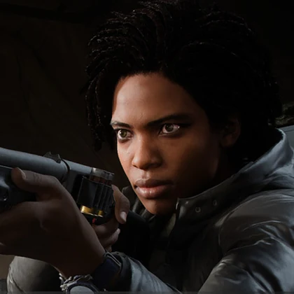 Simone aiming a rifle in tactical equipment