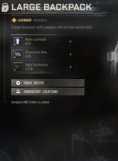 Large Backpack selected 3D Printer panel showing its slot description, rarity, materials and access requirements