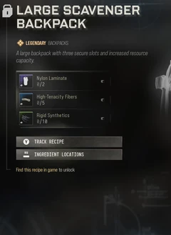 Large Scavenger Backpack selected 3D Printer panel showing its slot description, rarity, materials and access requirements