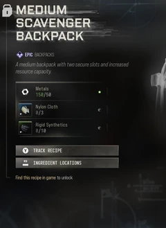 Medium Scavenger Backpack selected 3D Printer panel showing its slot description, rarity, materials and access requirements