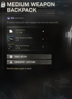 Medium Weapon Backpack selected 3D Printer panel showing its slot description, rarity, materials and access requirements