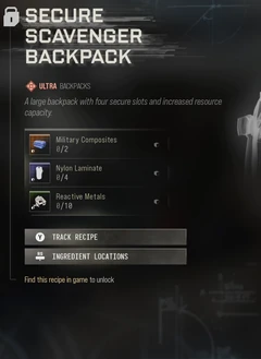 Secure Scavenger Backpack selected 3D Printer panel showing its slot description, rarity, materials and access requirements