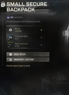 Small Secure Backpack selected 3D Printer panel showing its slot description, rarity, materials and access requirements