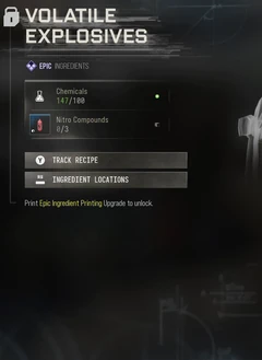 Volatile Explosives selected 3D Printer panel showing Epic rarity, required materials and the Epic Ingredient Printing Upgrade gate