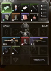 Basic Pack8-item grid plus separate resource column and Loadout