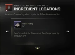 Alloyed Plating Ingredient Locations panel showing Found primarily in the Chang-san Air Base hangar, repair bay, and Bubun Yard.