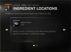 Ballistic Fabric Ingredient Locations panel showing Found primarily in the Chang-san Air Base armory, barracks, and the Songdo Wharf La Grande Vie rooftop.