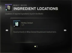 Binding Catalyst Ingredient Locations panel showing Found primarily in Mirae General Hospital and medical tents.
