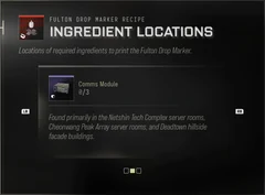 Comms Module Ingredient Locations panel showing Found primarily in the Netshin Tech Complex server rooms, Cheonwang Peak Array server rooms, and Deadtown hillside facade buildings.