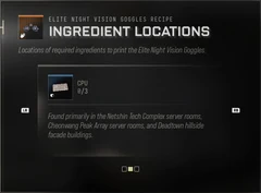 CPU Ingredient Locations panel showing Found primarily in the Netshin Tech Complex server rooms, Cheonwang Peak Array server rooms, and Deadtown hillside facade buildings.
