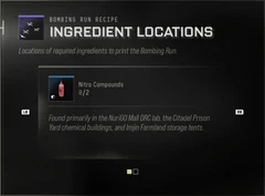 Nitro Compounds Ingredient Locations panel showing Found primarily in the NuriGO Mall DRC lab, the Citadel Prison Yard chemical buildings, and Imjin Farmland storage tents.