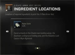 Nylon Cloth Ingredient Locations panel showing Found primarily in the Citadel main building wings, the Deadtown underground holding area, and the Heavenly Luck Casino's Mujin Nightclub.