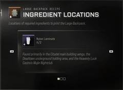 Nylon Laminate Ingredient Locations panel showing Found primarily in the Citadel main building wings, the Deadtown underground holding area, and the Heavenly Luck Casino's Mujin Nightclub.
