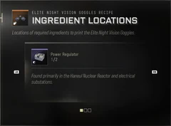 Power Regulator Ingredient Locations panel showing Found primarily in the Haneul Nuclear Reactor and electrical substations.