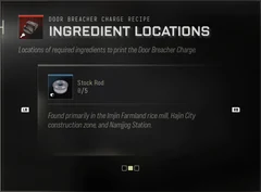 Stock Rod Ingredient Locations panel showing Found primarily in the Imjin Farmland rice mill, Hajin City construction zone, and Namjijog Station.